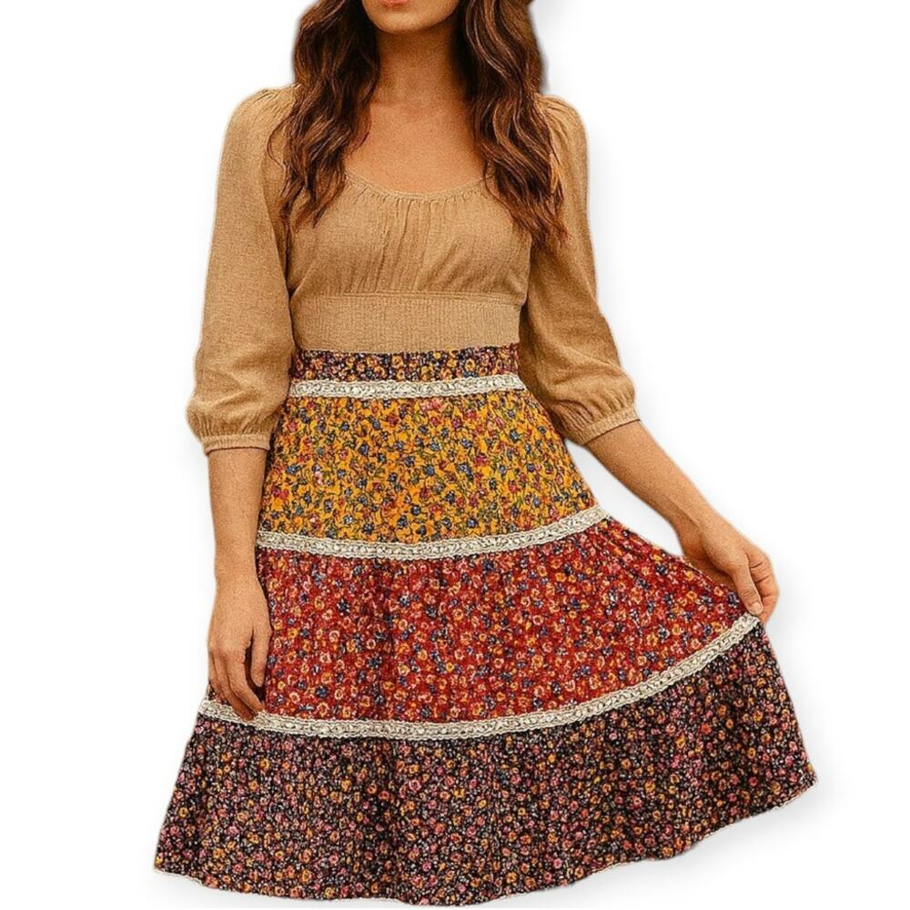 Vintage 70s Prairie Maxi Skirt Boho‎ Calico Floral Patchwork Tiered Lace
